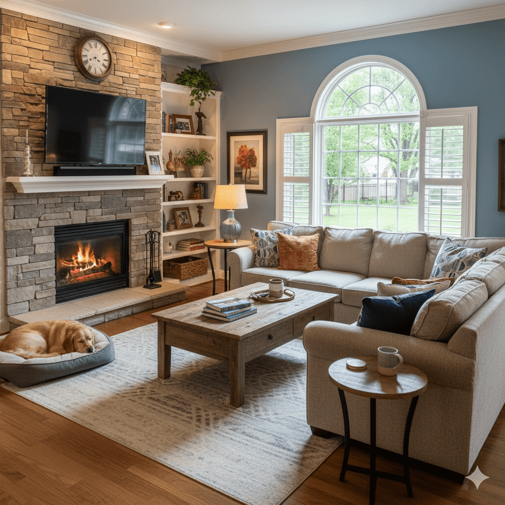 AI redesigned living room with custom furniture and decor