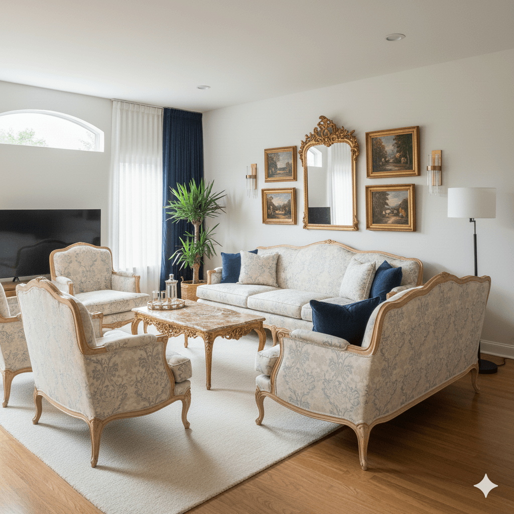 AI generated French-style living room with ornate detailing and warm light