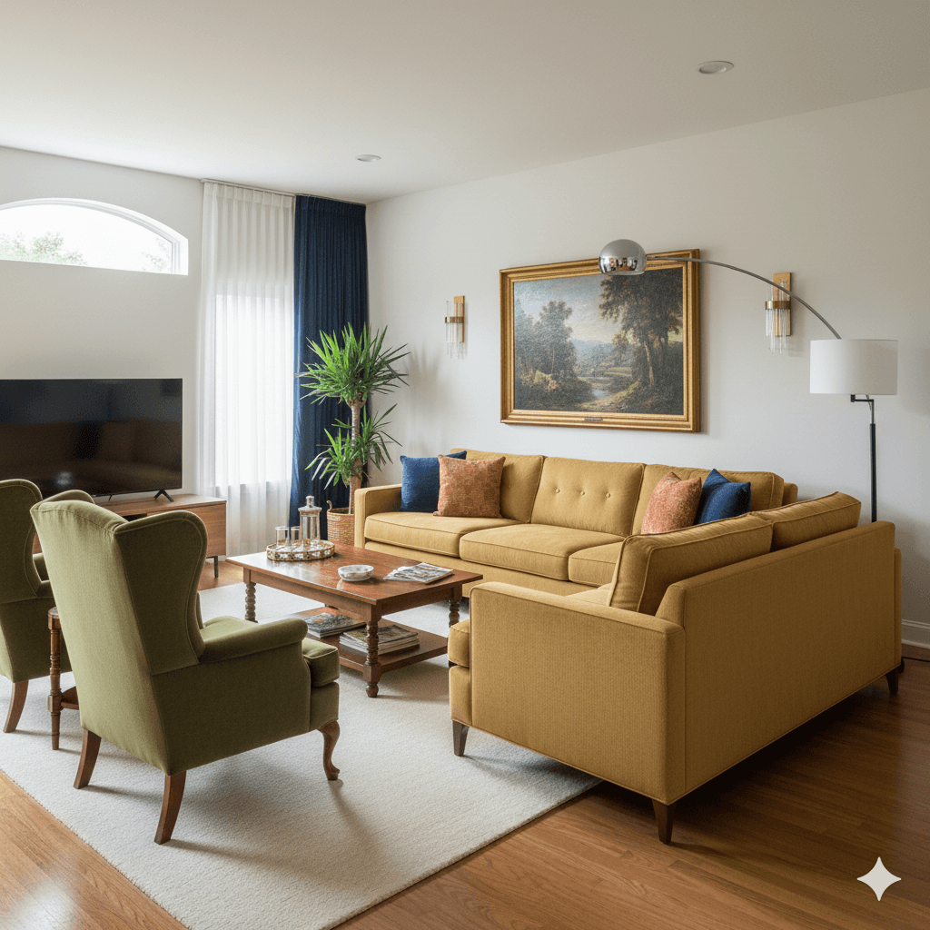 AI generated vintage-inspired lounge with rustic textures and cozy decor
