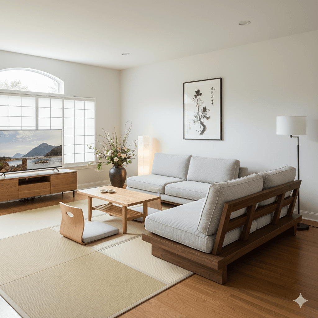 AI generated Japanese-inspired living room blending natural materials and minimal lines